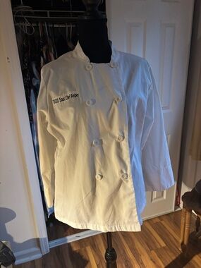 NWOT White Double-Breasted Chef Jacket with Embroidered Text